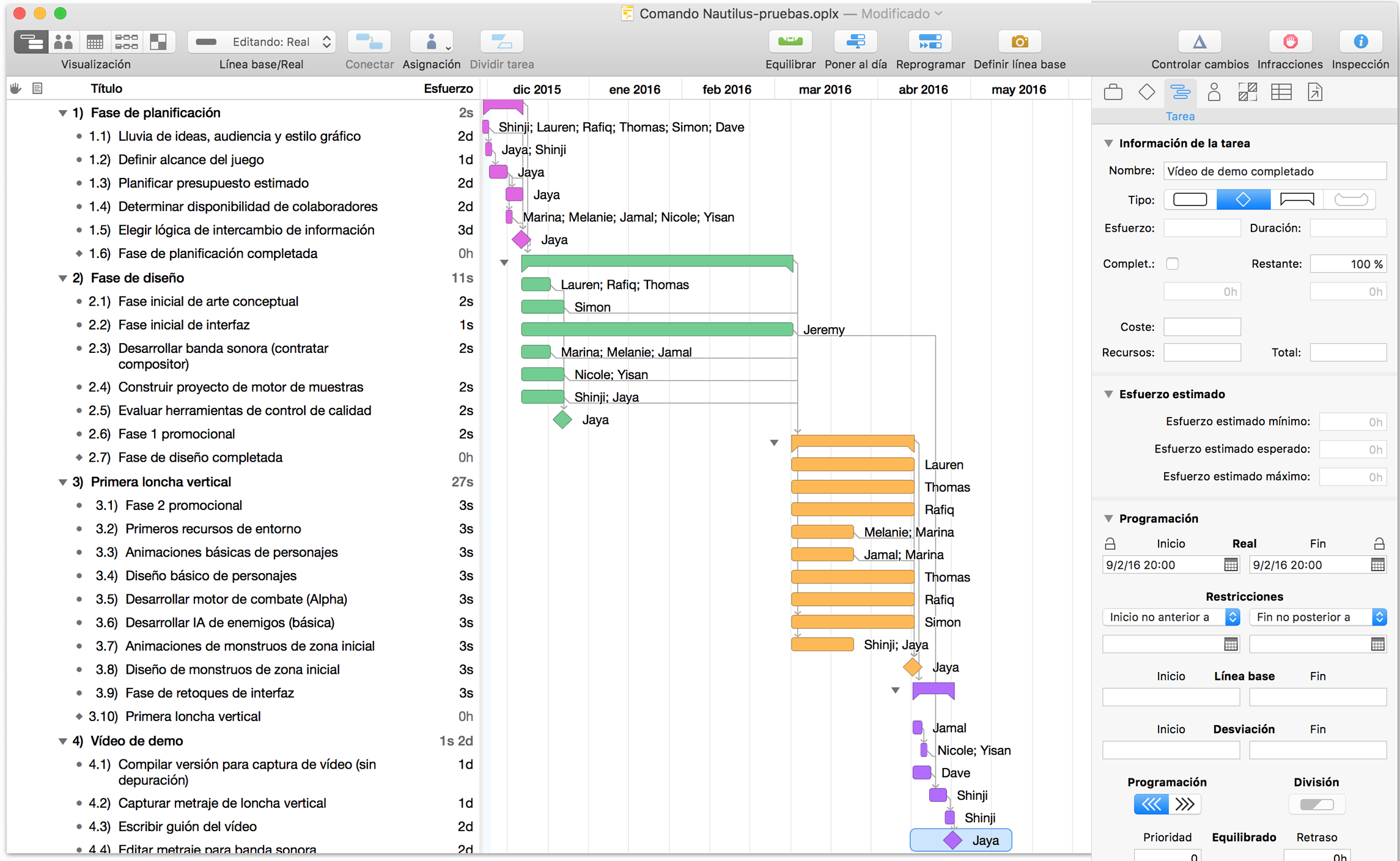 Asignación de recursos a una tarea utilizando la sección Asignaciones del inspector de tareas.