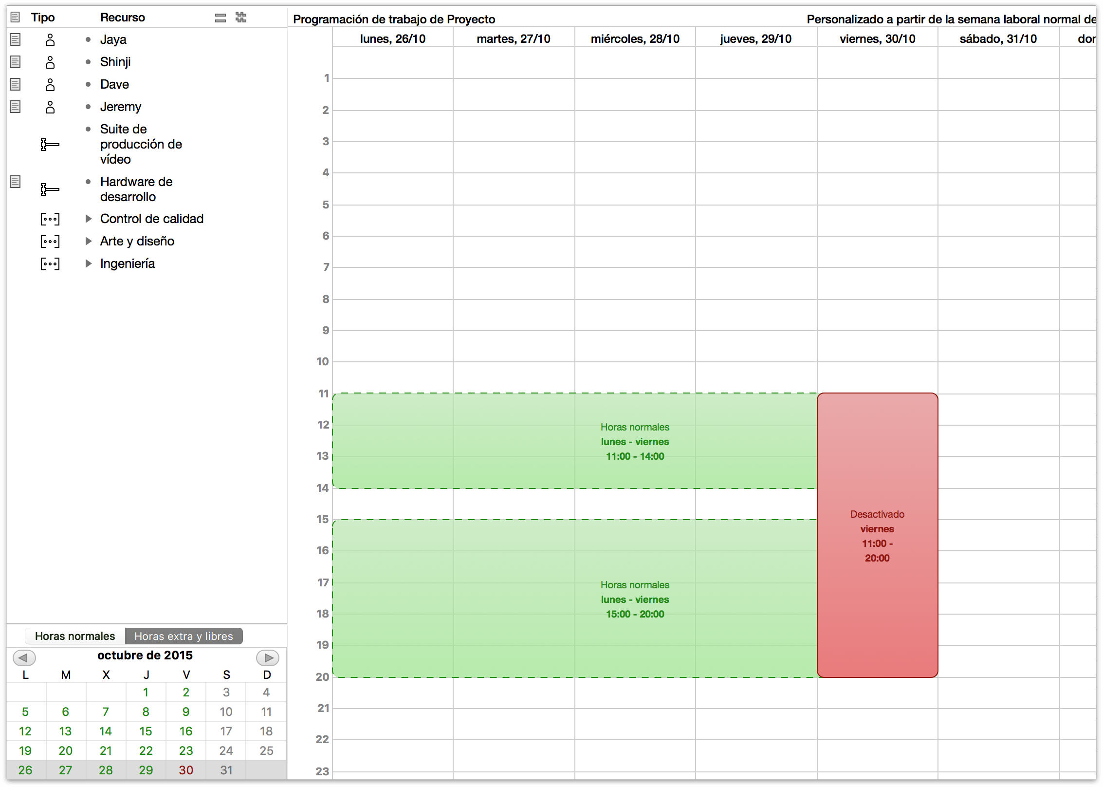 Describiendo el periodo de vacaciones de un miembro concreto del personal en la vista de calendario.