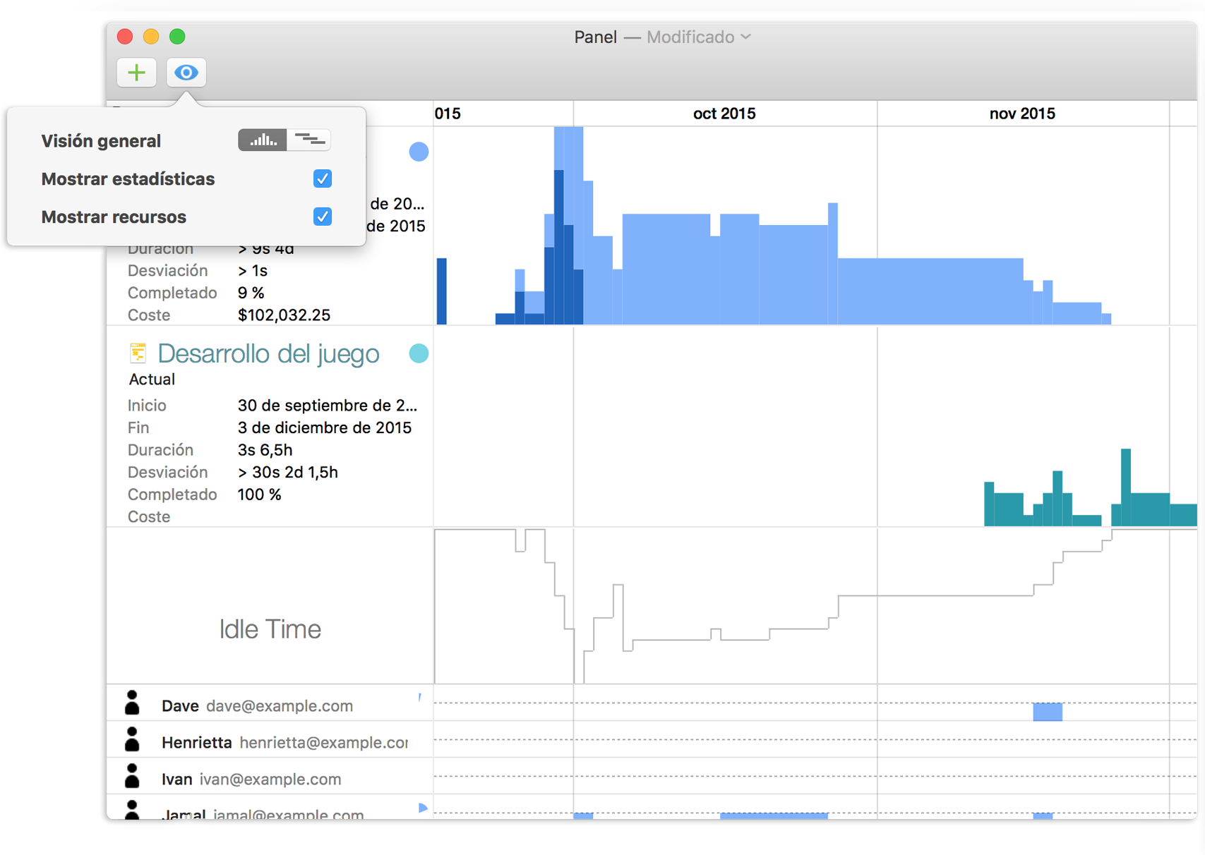 Un panel con varios proyectos en OmniPlan 3.