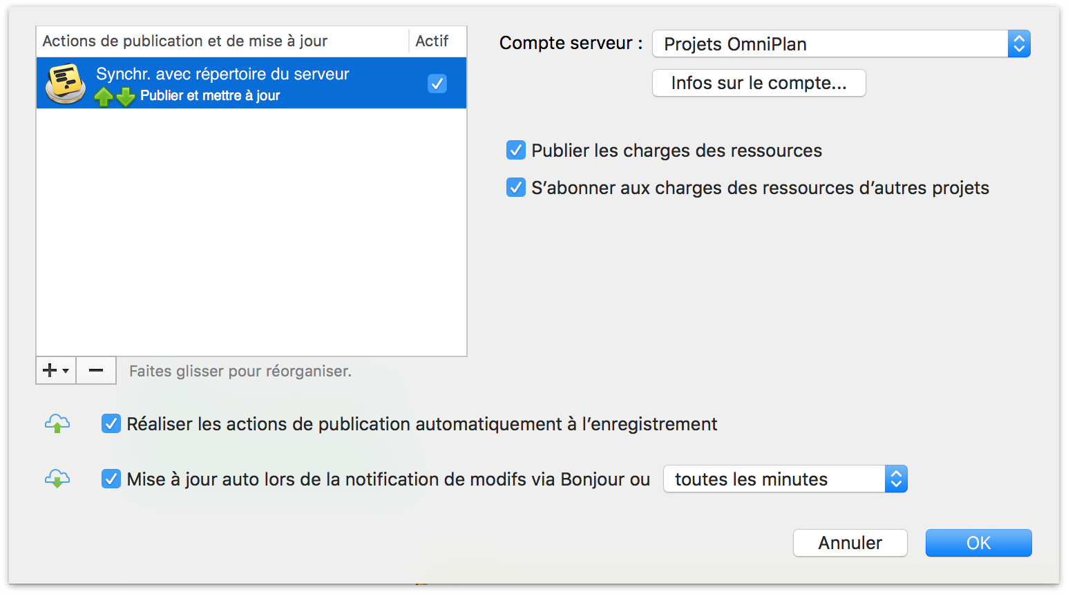 Options de configuration de publication et d’abonnement pour un répertoire de serveur dans OmniPlan 3 pour Mac.