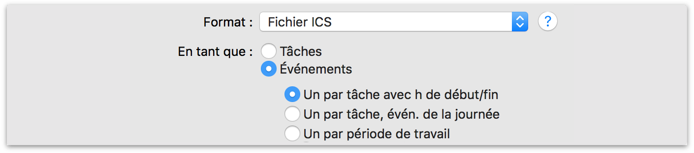 Options d’exportation iCal ICS dans OmniPlan 3.