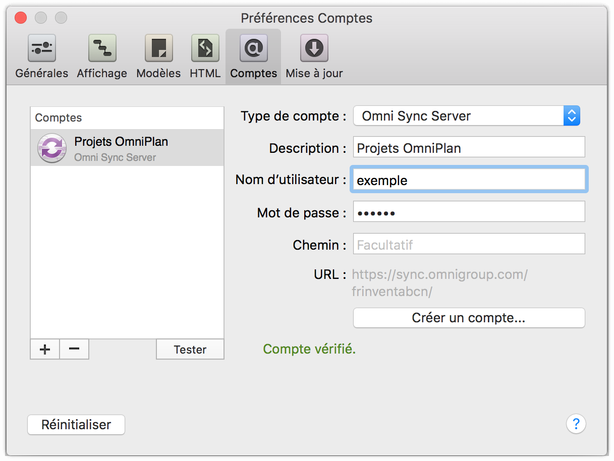 Création d’un compte de synchronisation dans les préférences d’OmniPlan 3 pour Mac.