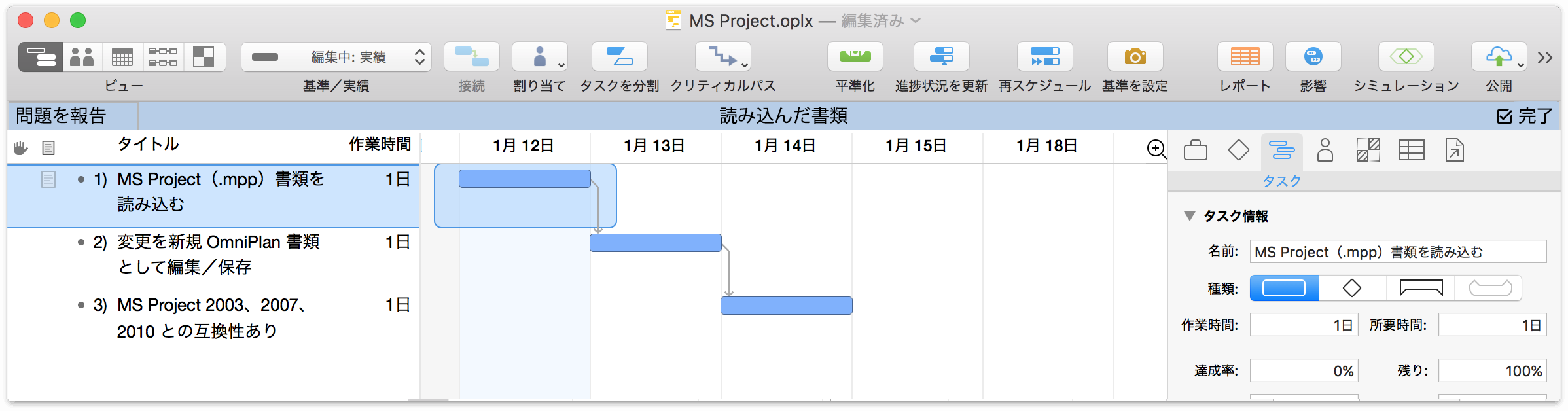 OmniPlan Pro で開いた Microsoft Project ファイル