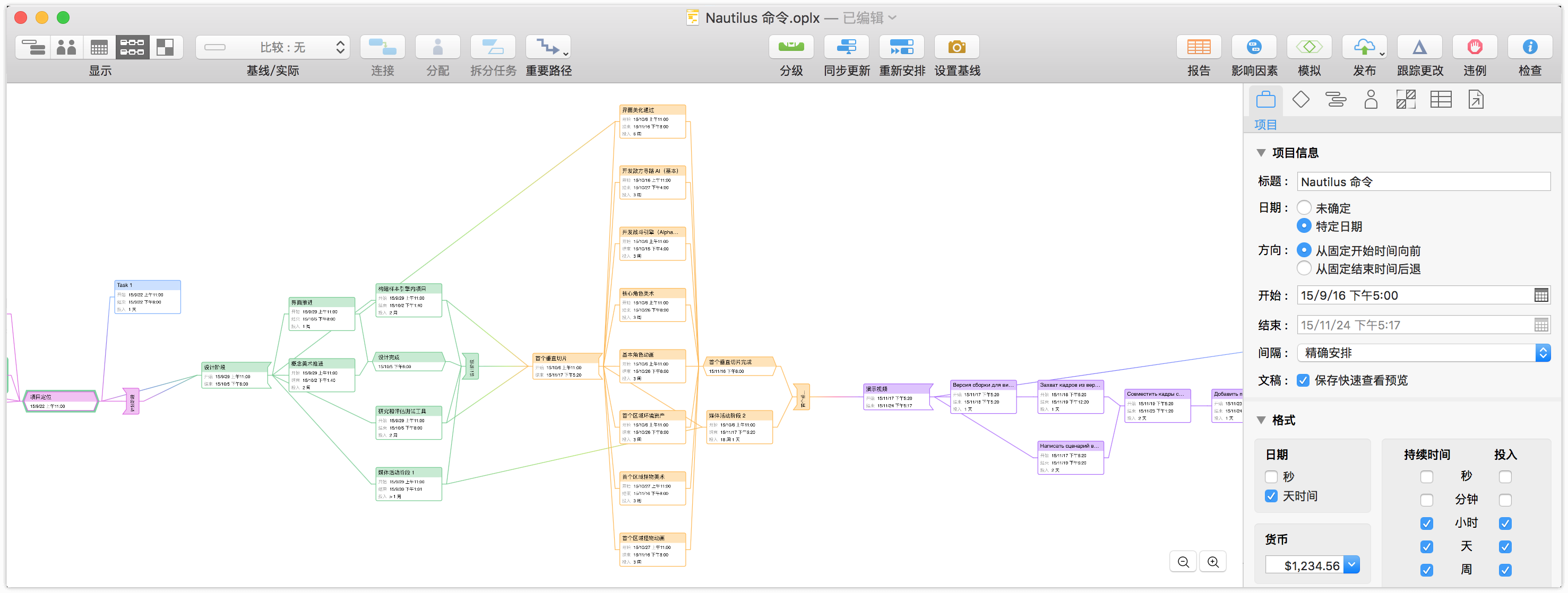 OmniPlan 3 中网络视图上显示的项目。