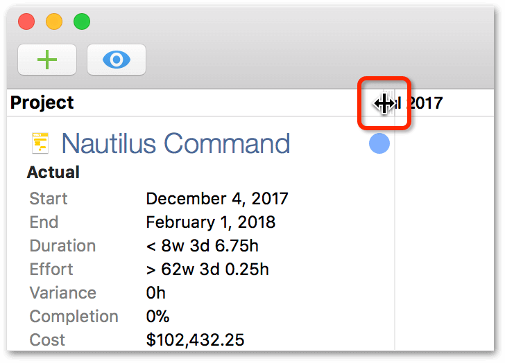 Resizing the first column by clicking on the resizing handle in the header