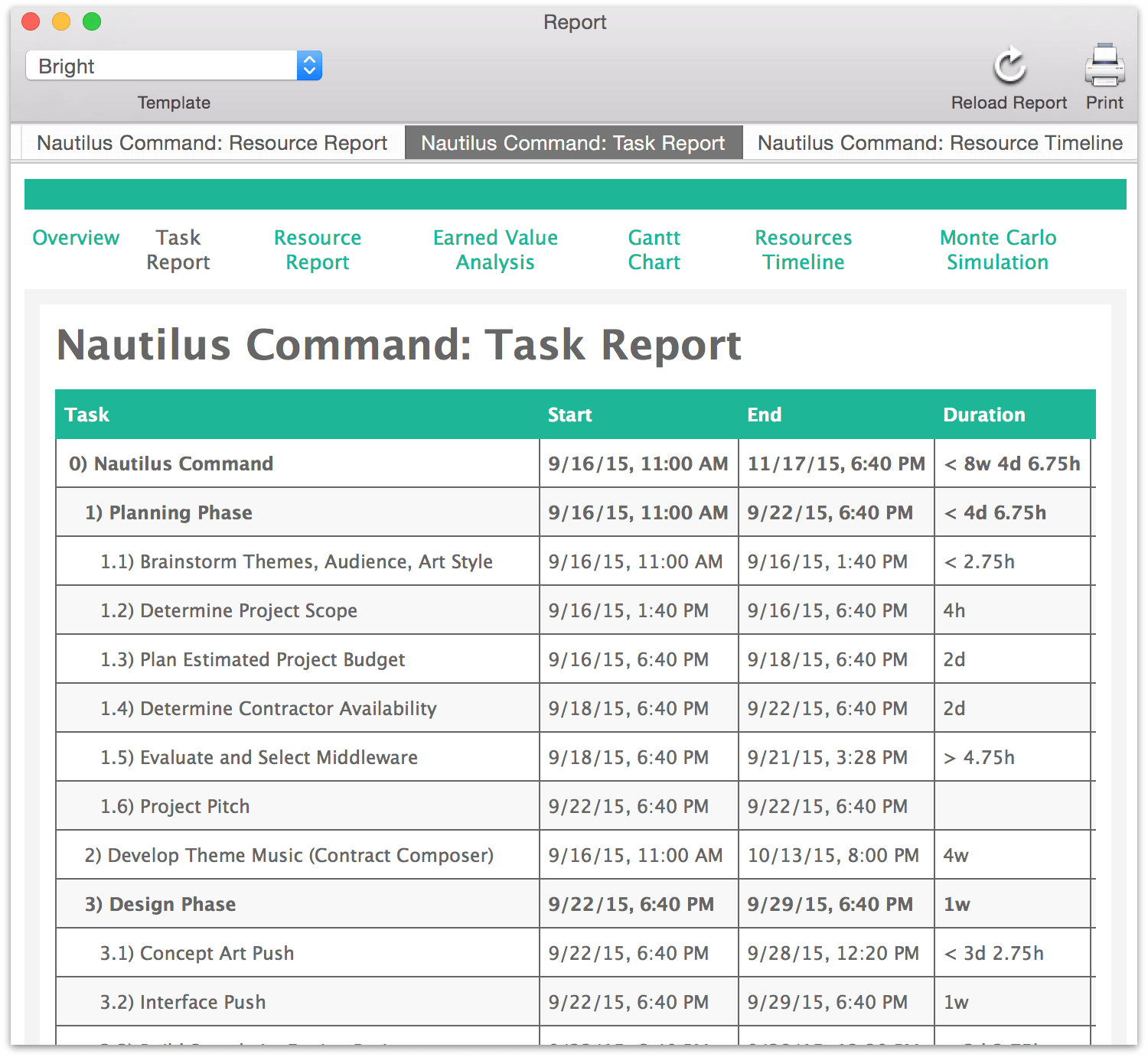 The new HTML Reports interface in OmniPlan 3 Pro.