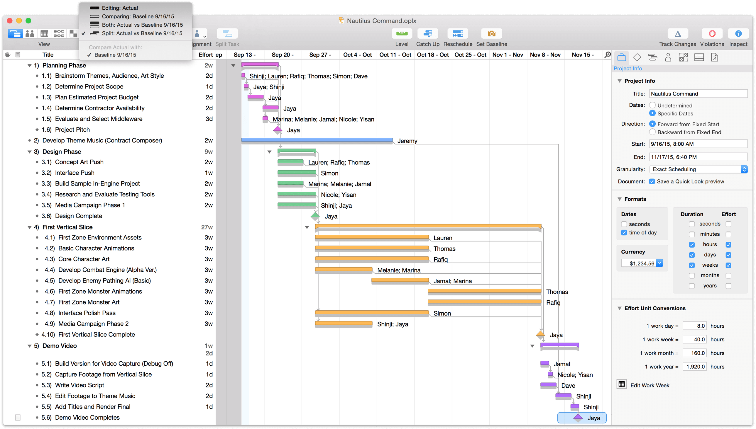 Comparing split actual versus baseline schedules.