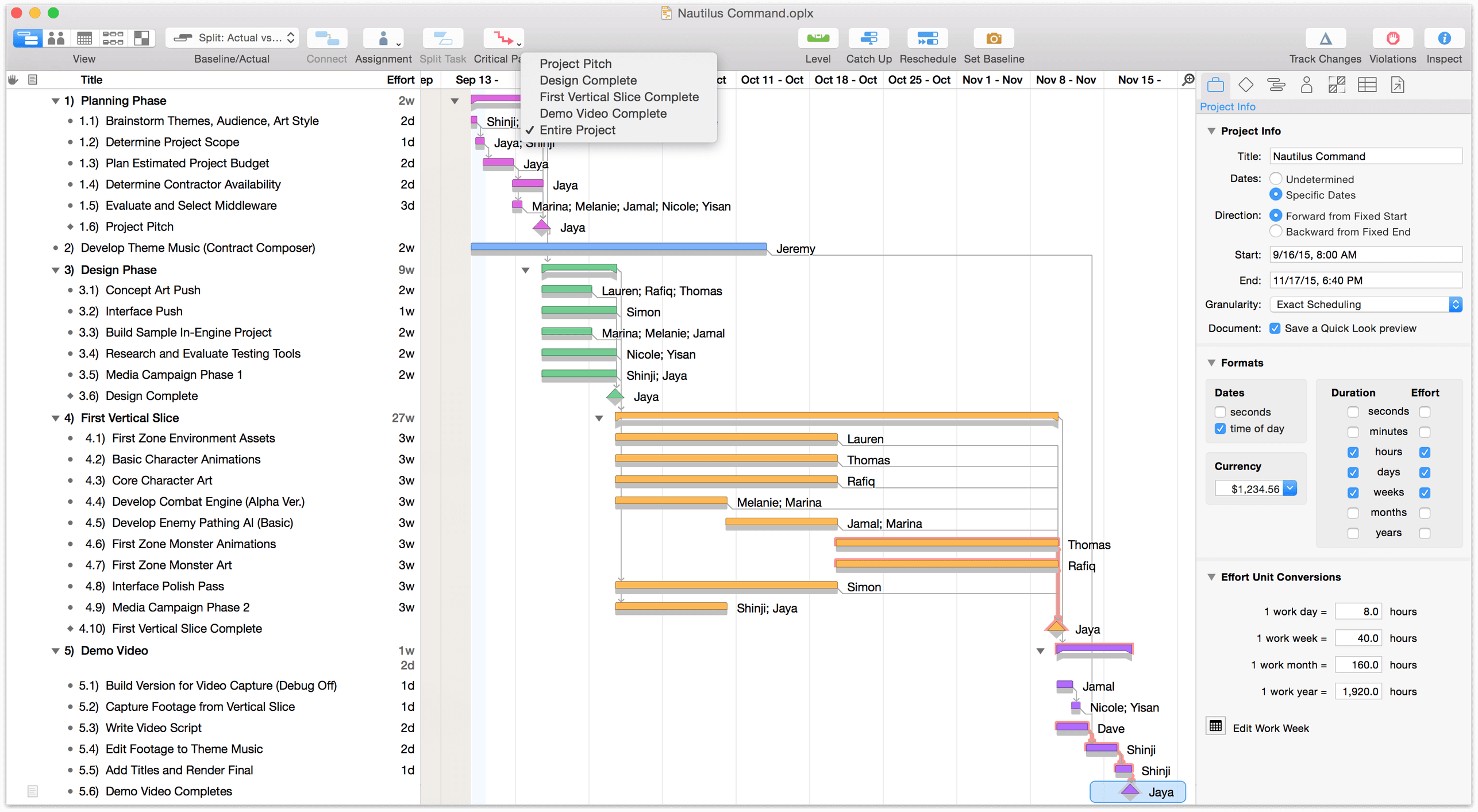 The project&#8217;s critical path is highlighted.