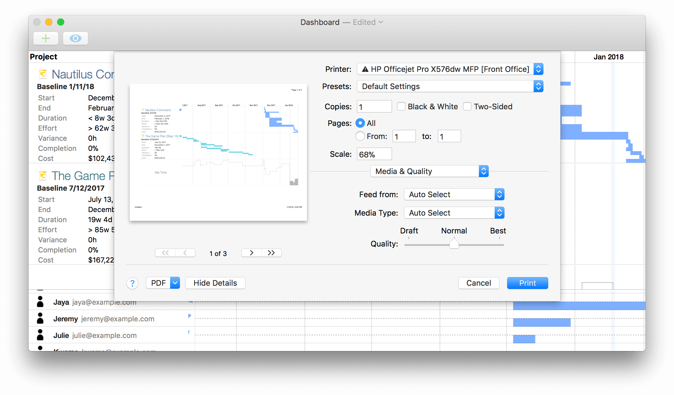 A dashboard with its associated Print dialog open.