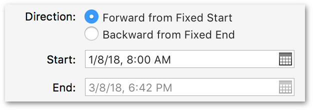 Setting a start or end date in the Direction section of the Project Info inspector.