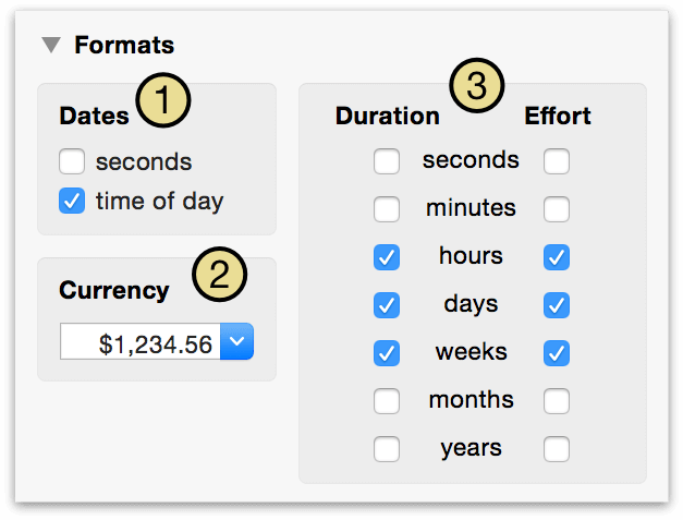 The Formats section of the Project inspector.