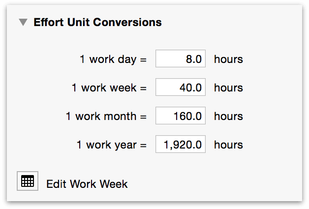 The Effort Unit Conversions section of the Project inspector.