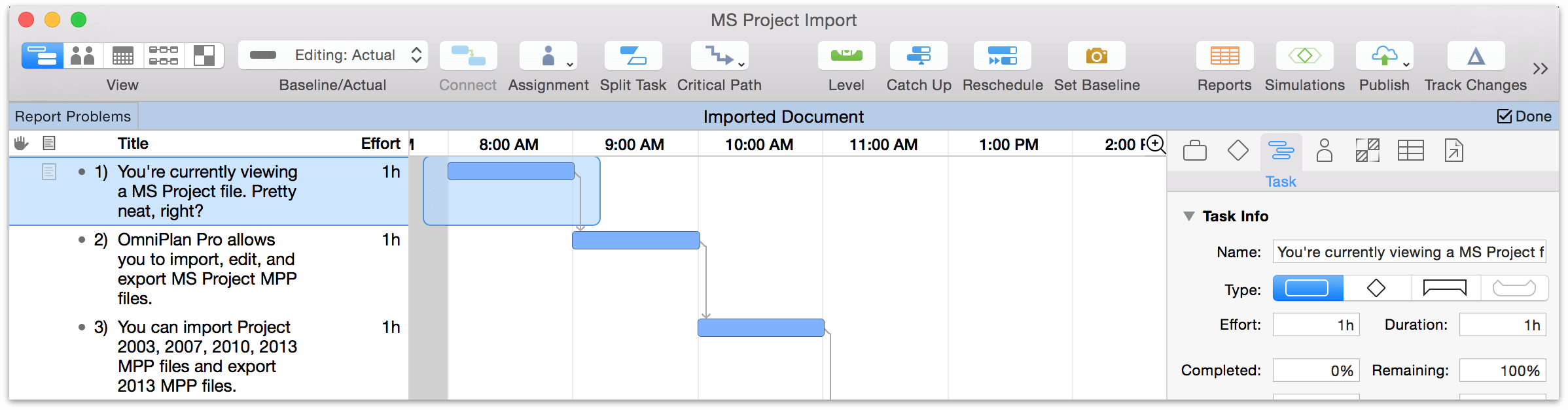 A Microsoft Project file open in OmniPlan Pro.