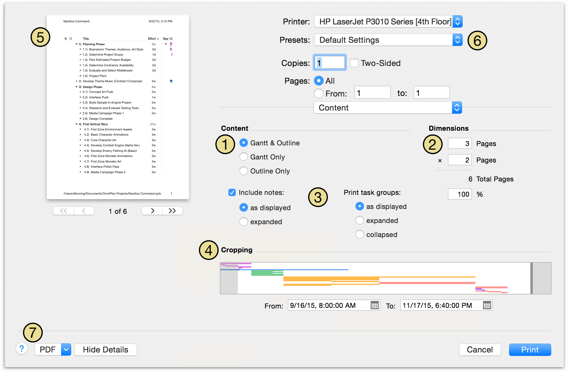 OmniPlan print-time options for content display.