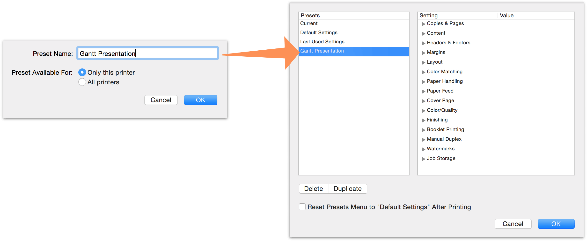 Saving a new printing preset from OmniPlan 3&#8217;s print dialog.