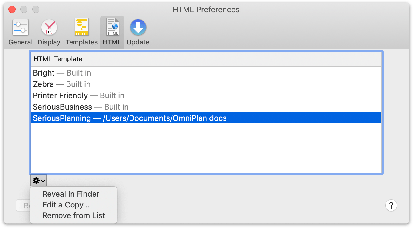 The HTML Preferences pane.