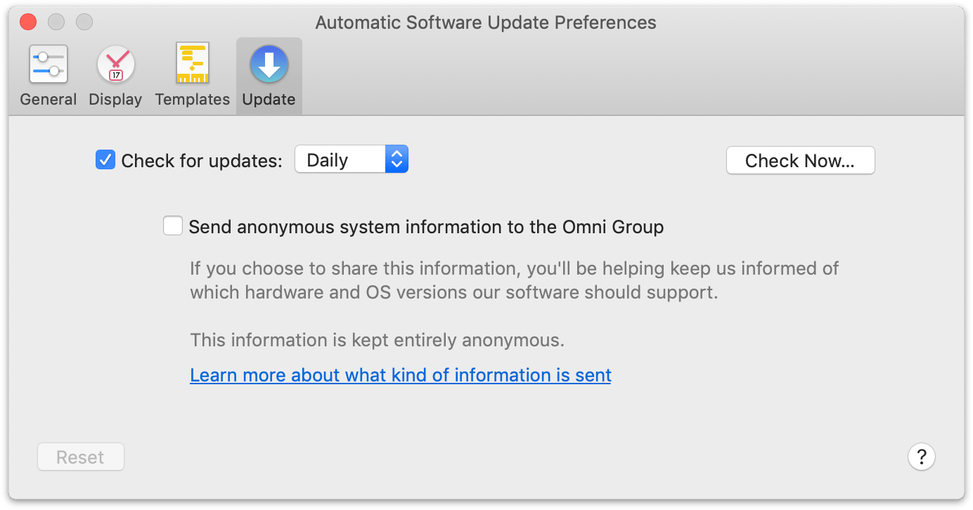 The Update Preferences pane.