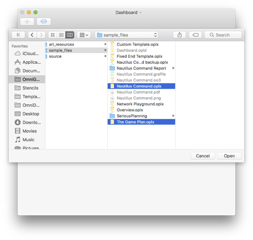 Dragging OmniPlan projects from the Finder to an empty dashboard.