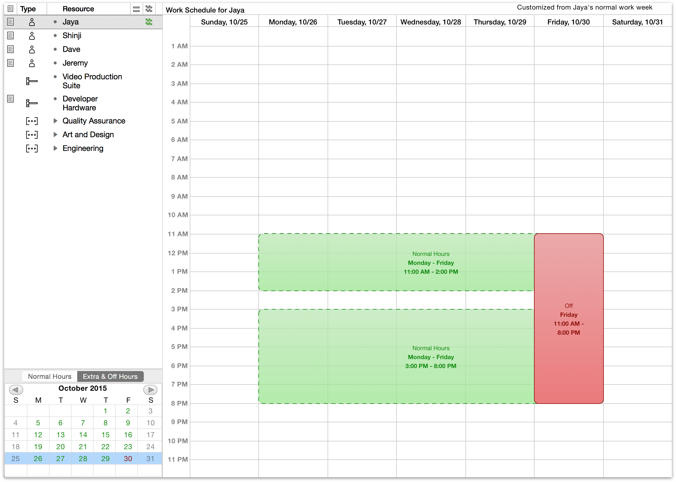 Describing vacation time for an individual staff member in Calendar view.