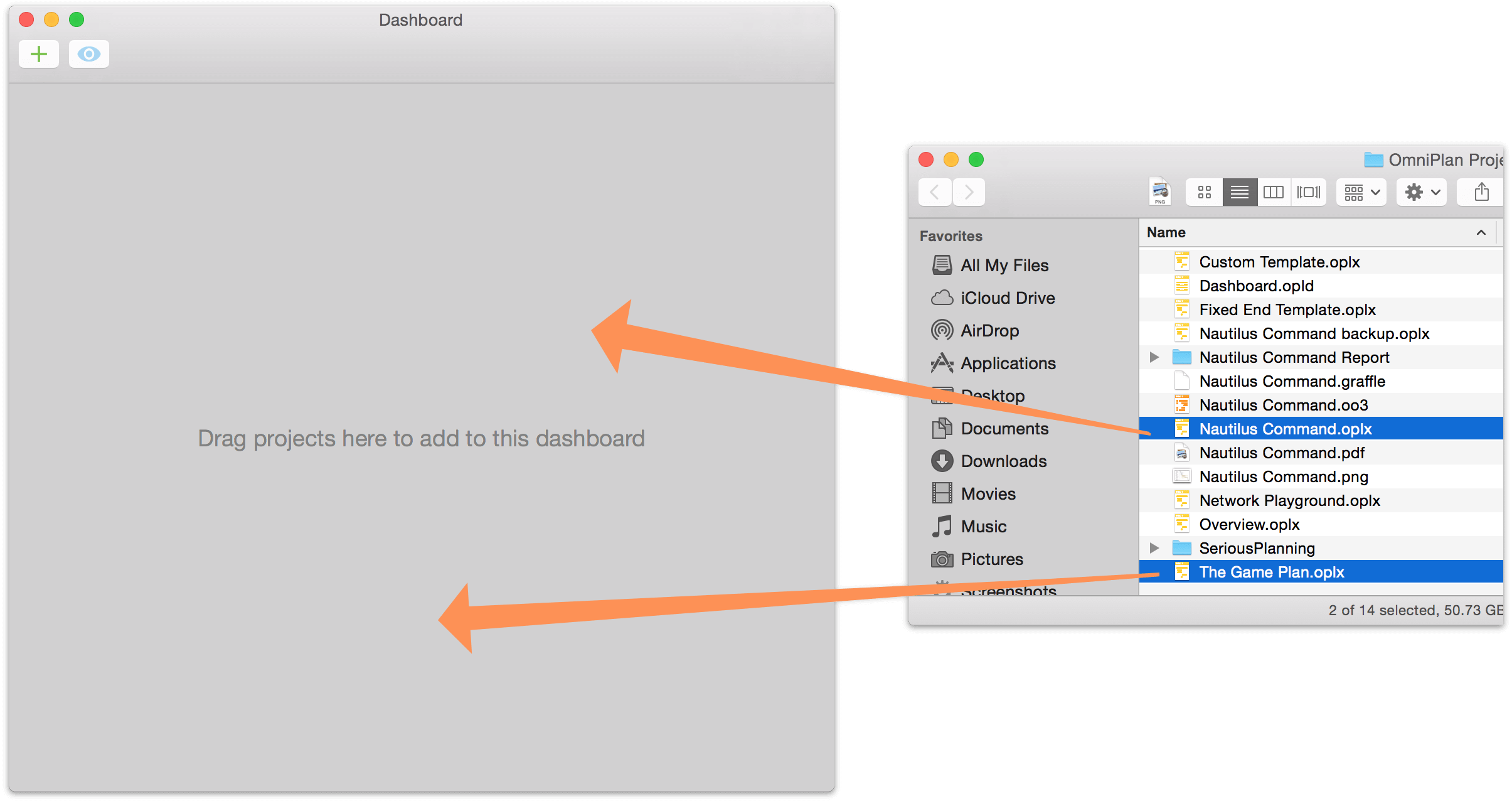 Dragging OmniPlan projects from the Finder to an empty dashboard.