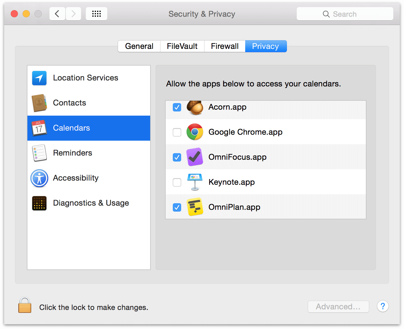 The Privacy tab of Security & Privacy in Apple’s System Preferences.