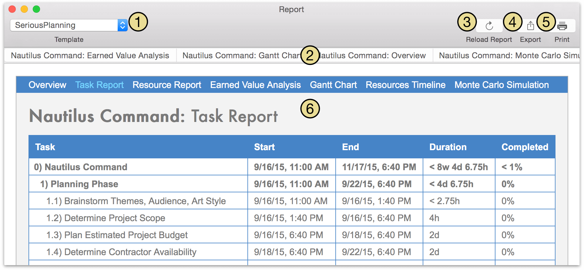 The Report window in OmniPlan Pro.