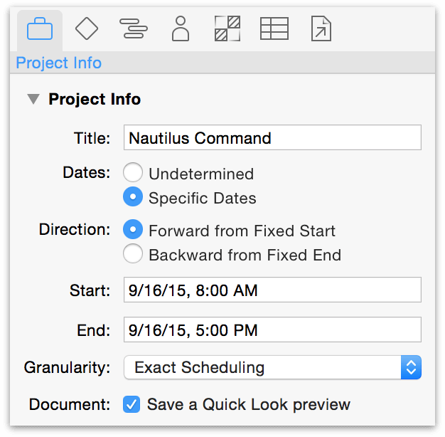The Project inspector with the default start date (the day the project is created).