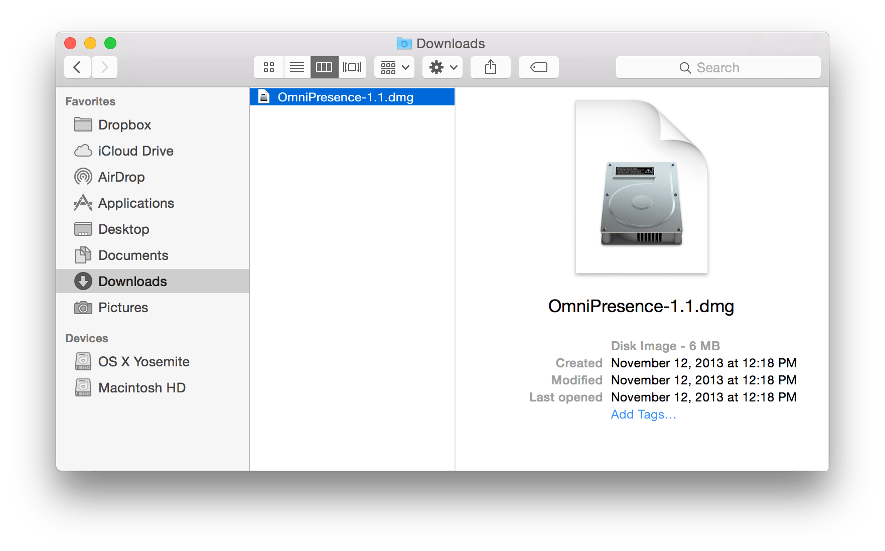 A Finder window, open to the Downloads folder to show the downloaded OmniPresence disk image.
