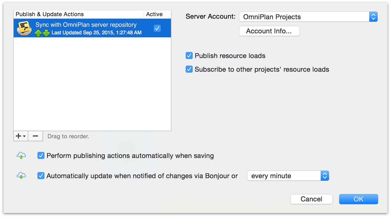 Configuring Publication and Subscription options for a server repository in OmniPlan 3 for Mac.