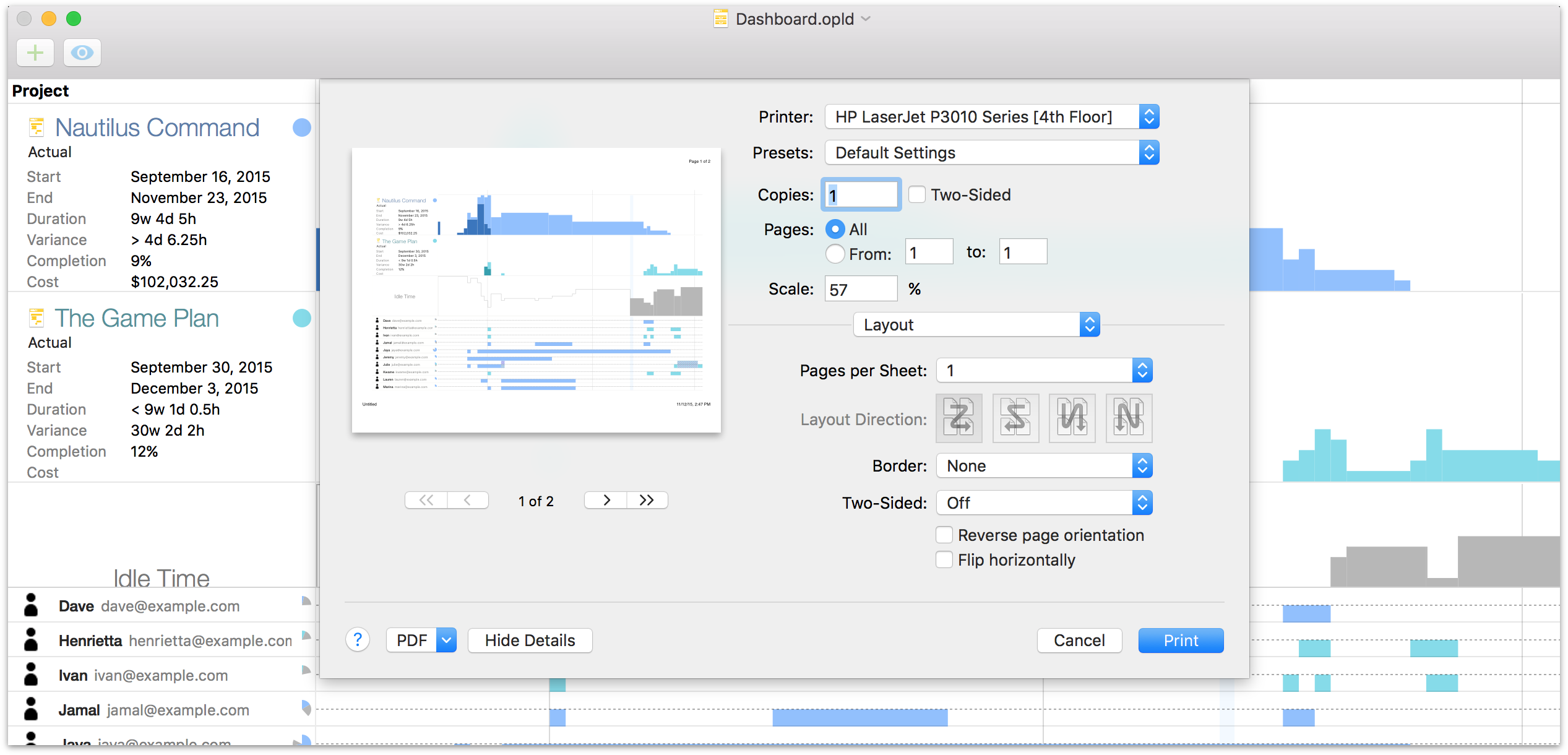 A dashboard with its associated Print dialog open.