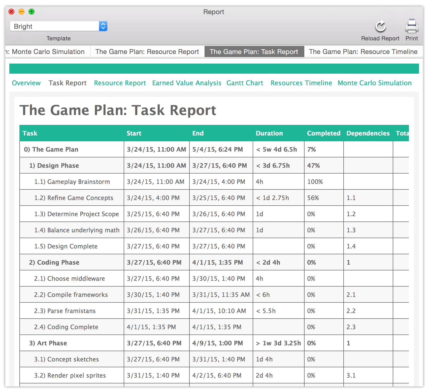 The Reports interface in OmniPlan 3.