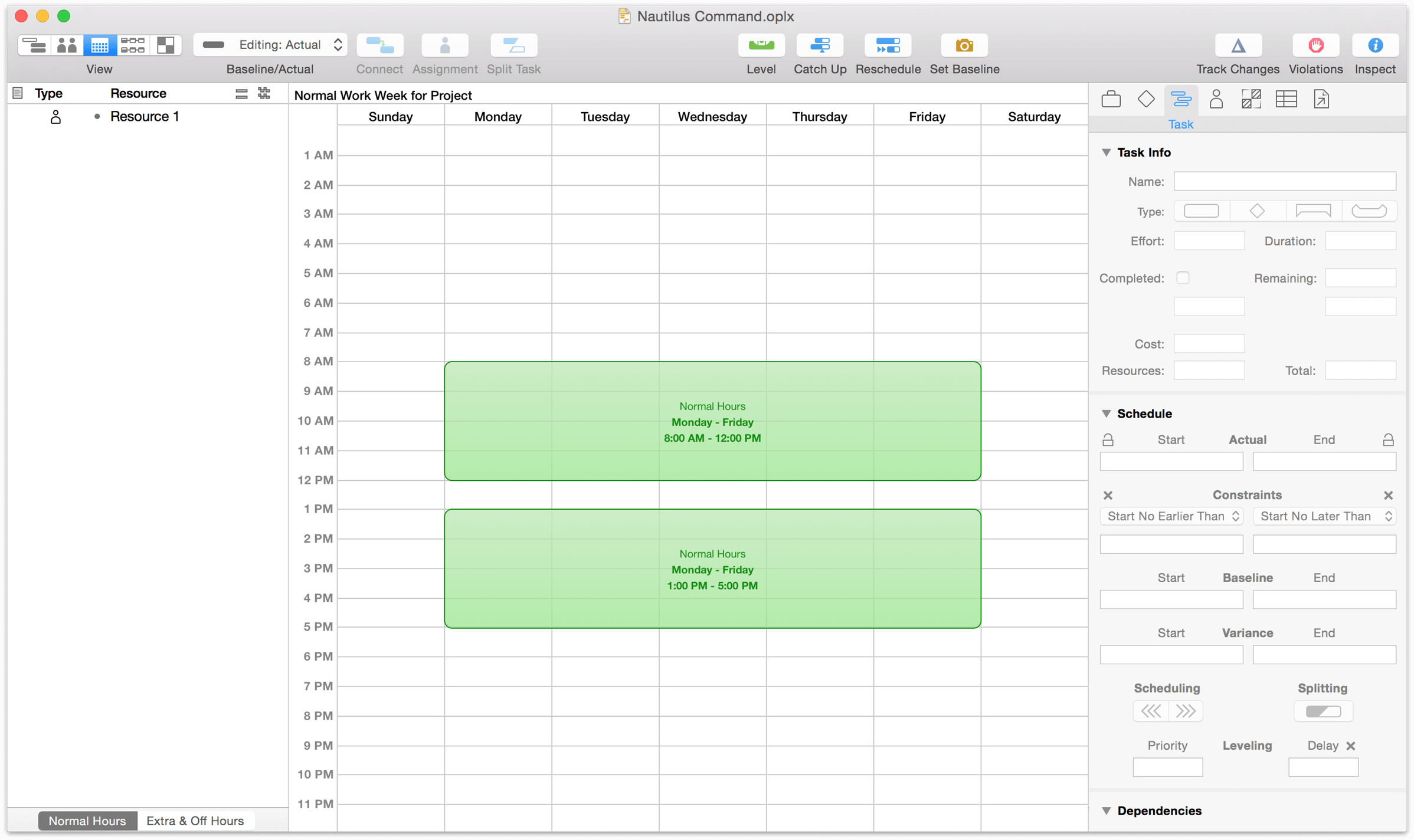 The default schedule for a work week in Calendar view.