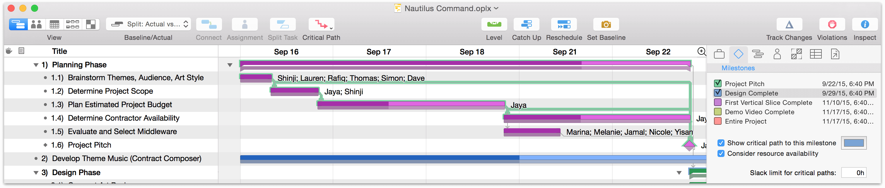 A milestone in a project with the Critical Path displayed by a green highlight color.