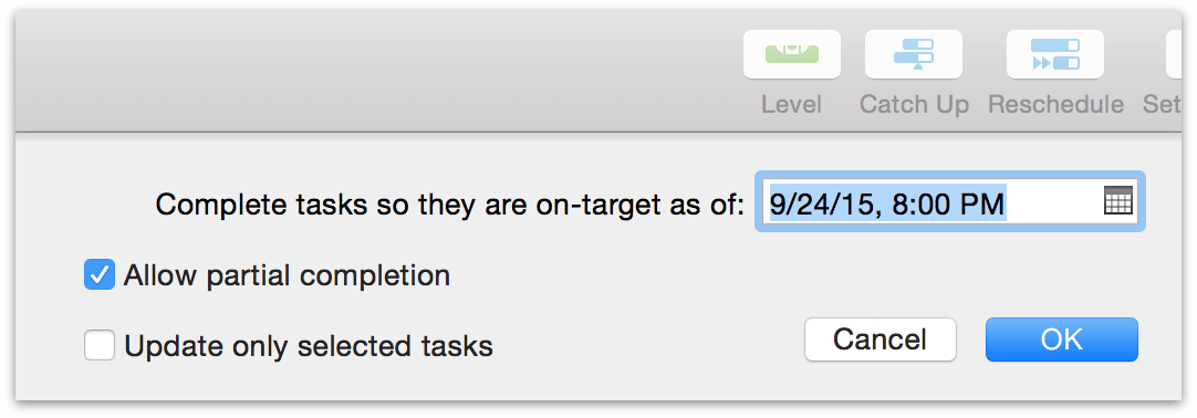 Using the Catch Up button to bring task completion up to the chosen date.