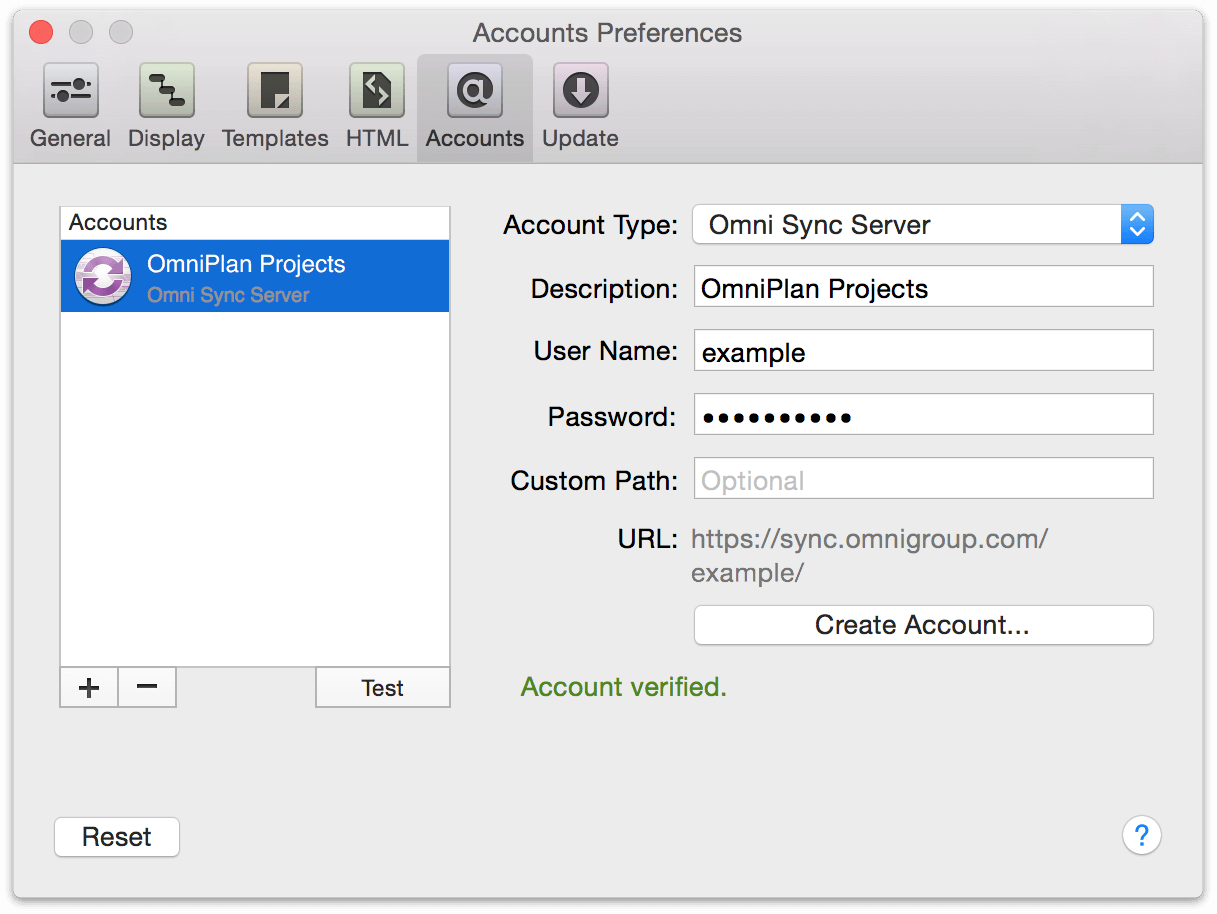 Sync Account Creation in Preferences for OmniPlan 3 for Mac.