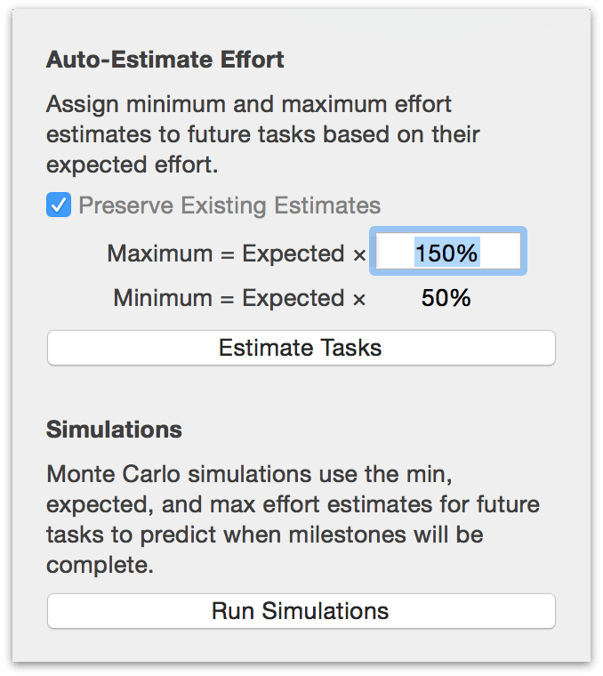 The Monte Carlo simulation menu, complete with task effort estimator.