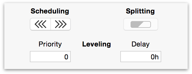 ASAP/ALAP toggle in the Schedule section of the Task inspector, along with task splitting and leveling tools.