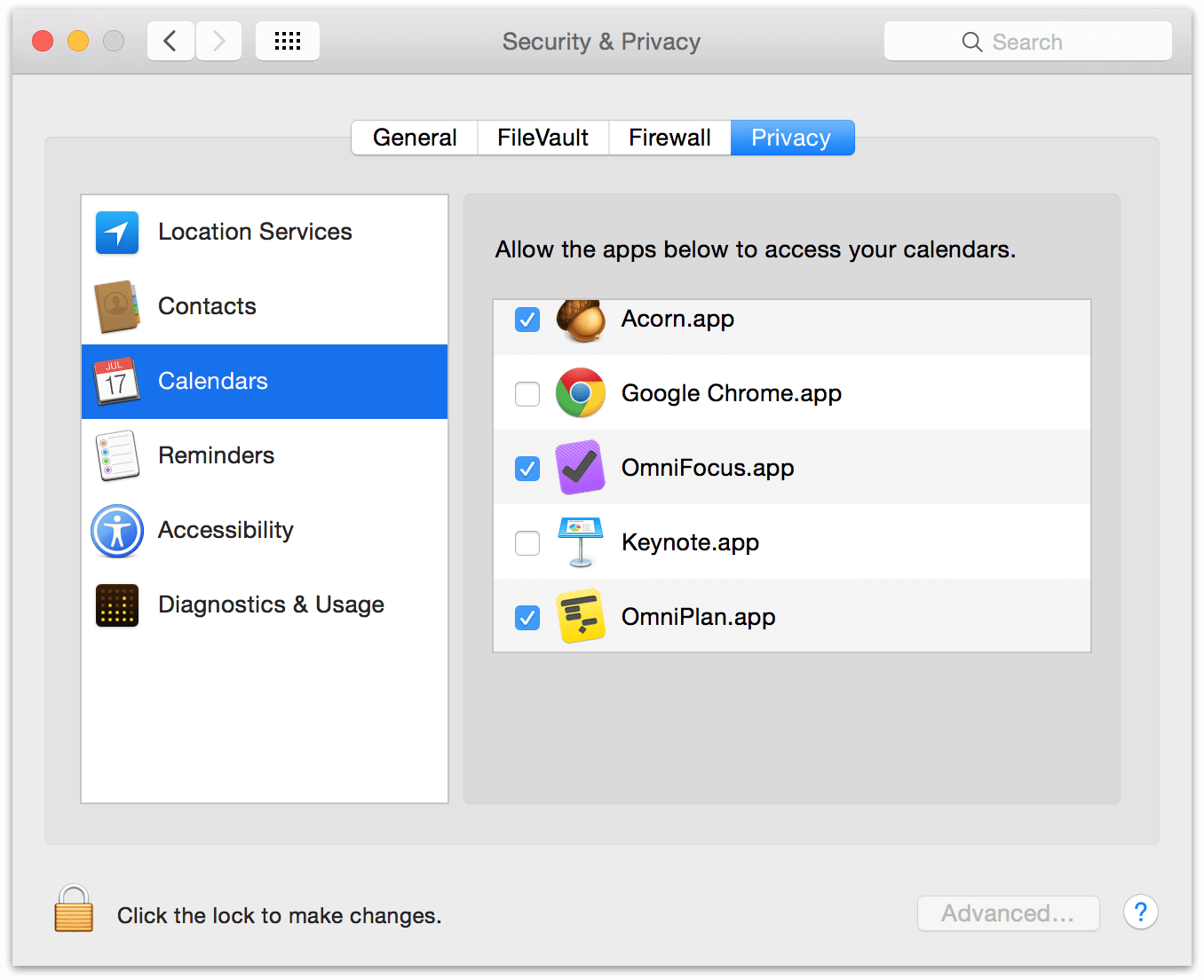 The Privacy tab of Security &amp; Privacy in Apple&#8217;s System Preferences.