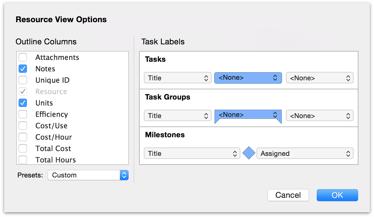 View options in resource view.