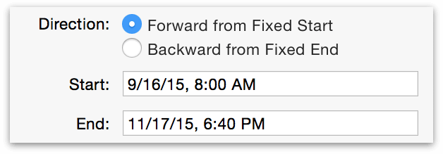 Setting a start or end date in the Project Info section of the Project Info inspector.