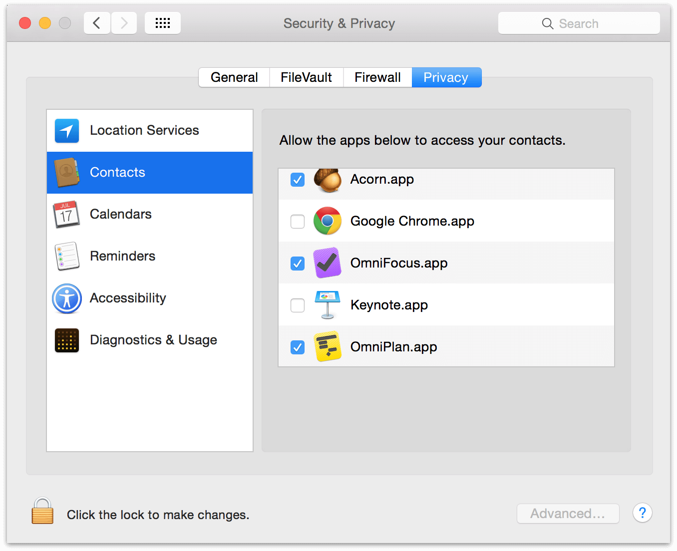 The Privacy tab of Security &amp; Privacy in Apple&#8217;s System Preferences.