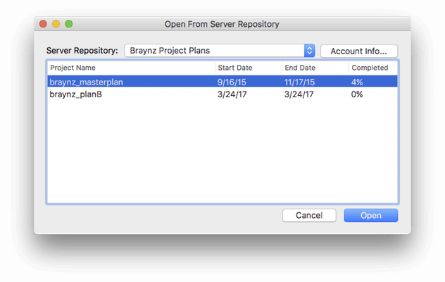 The Open From Server Repository window lets users select a sync server and choose a project that they will subscribe to
