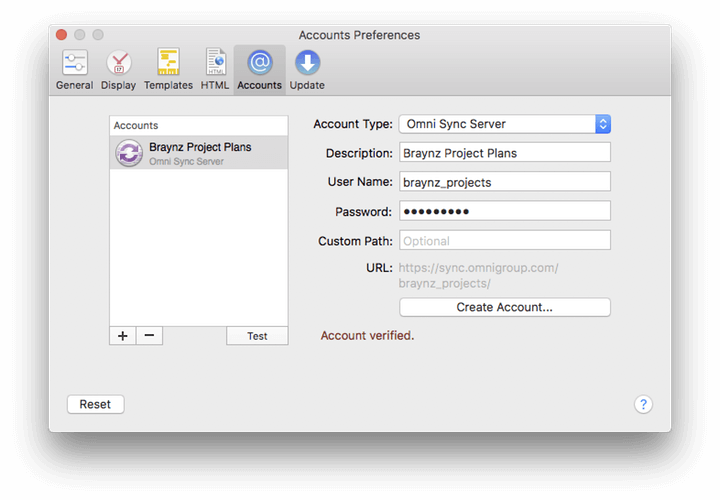 Sync Account Creation in Preferences for OmniPlan 3 for Mac.