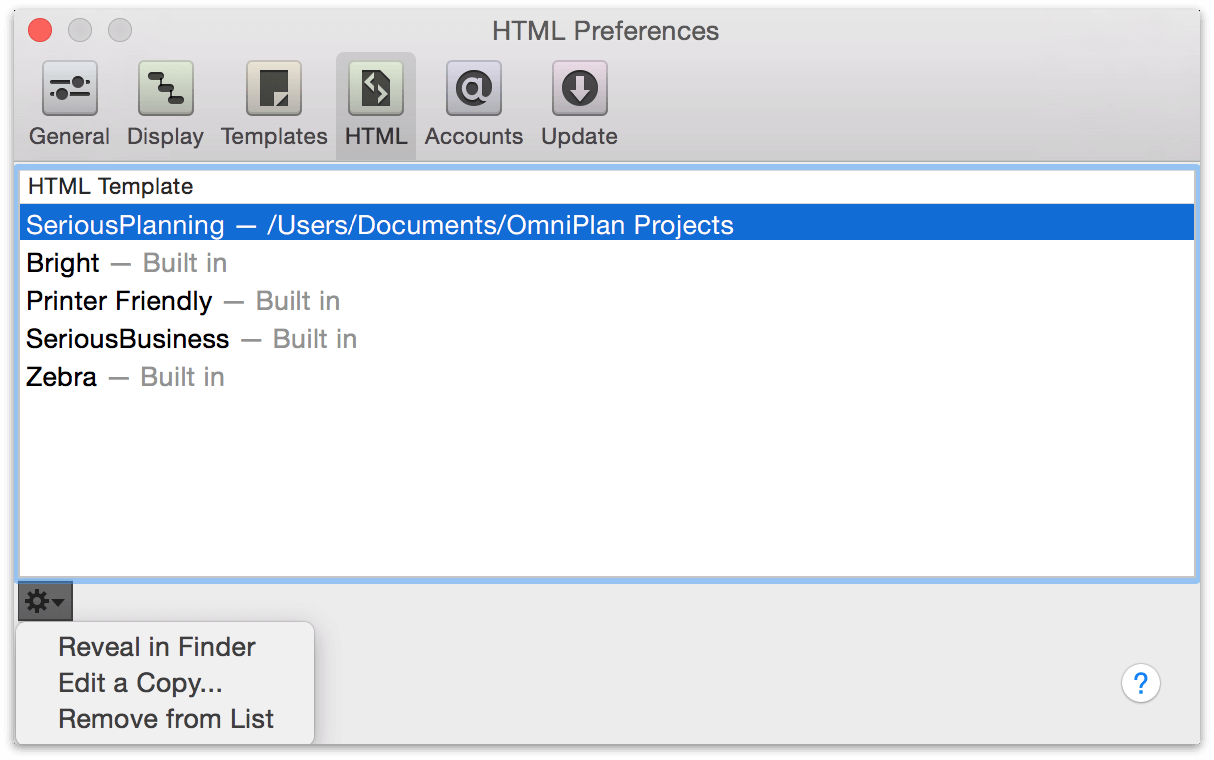 The HTML Preferences pane.