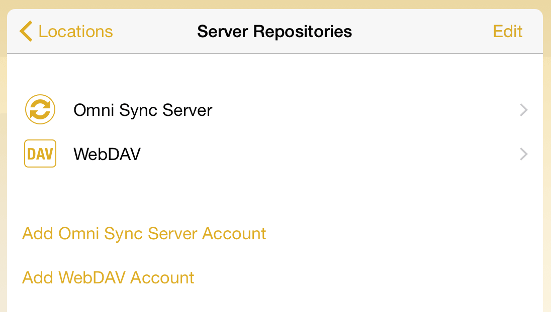 Available server repositories including an Omni Sync Server account and a WebDAV server.