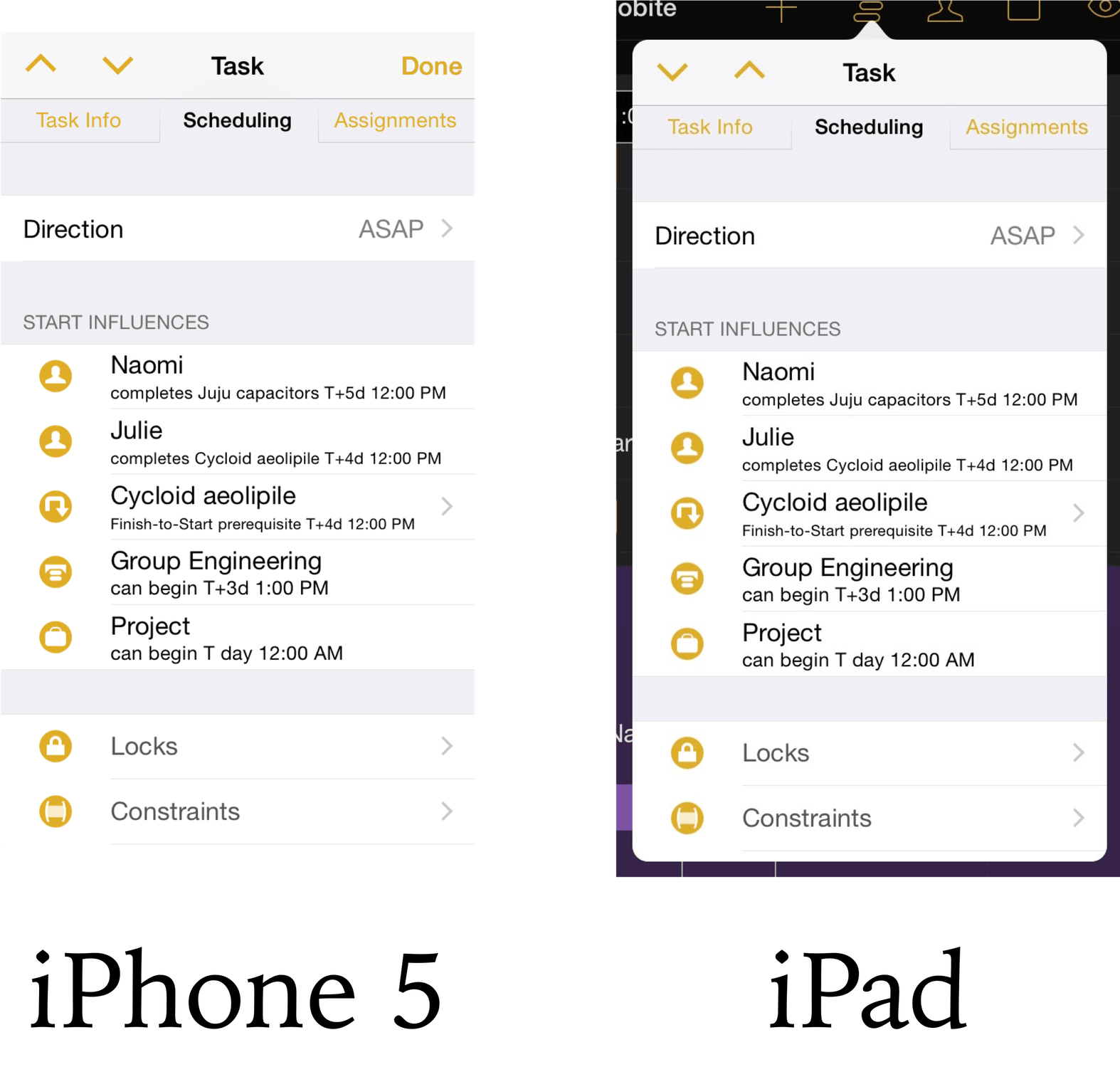 A comparison between the appearance of the task inspector in OmniPlan for iOS on iPhone 5 and Retina iPad.