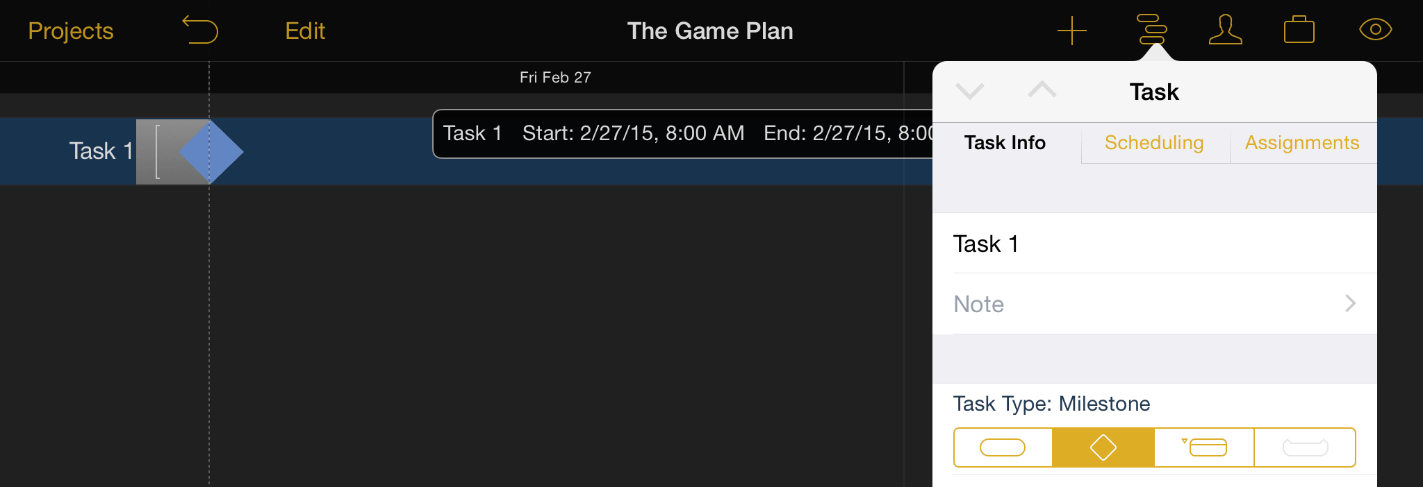 Change a task to a milestone in the task inspector.