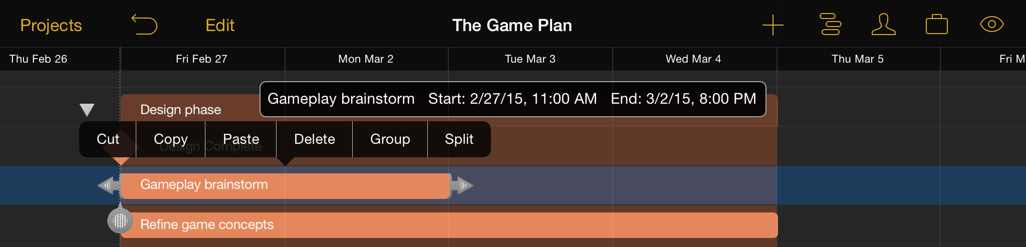 A task with dependency handles displayed on either end of its bar in the Gantt timeline.