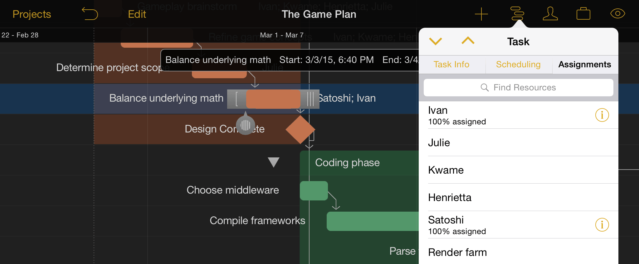 Assigning resources to a task using the Assignment tab of the task inspector.