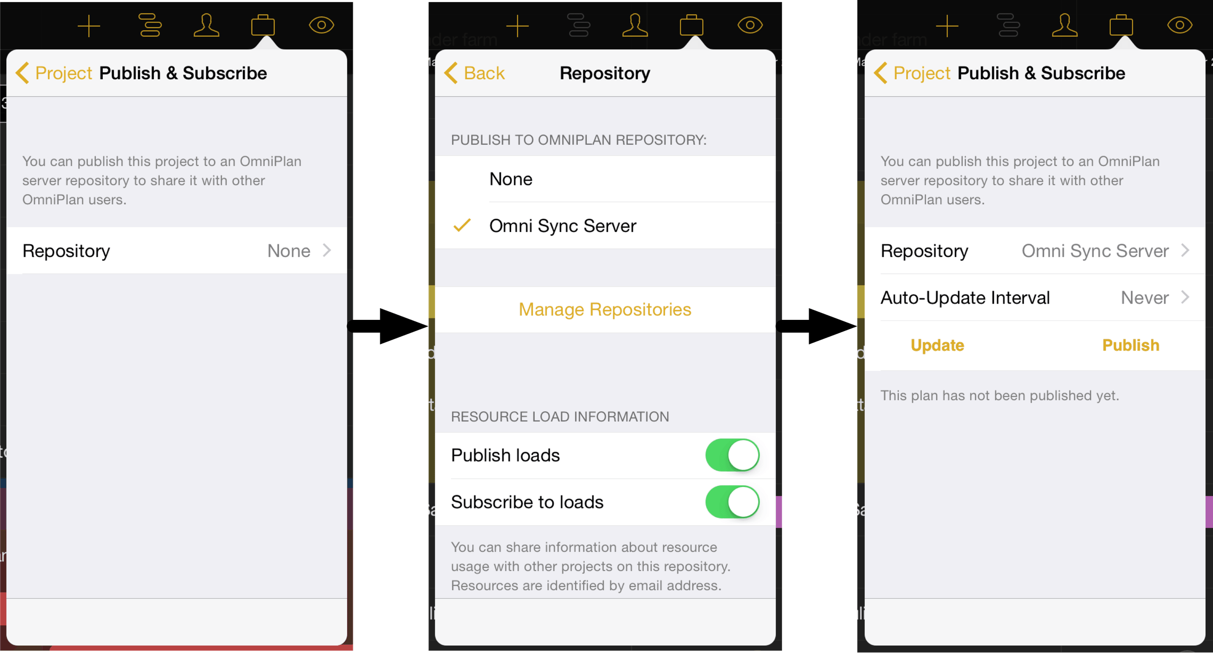 The project inspector screen flow for setting up publishing and subscription.